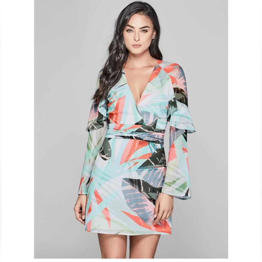Marciano Haute Tropic Ruffled Mini Dress Floral Green and Orange size 2